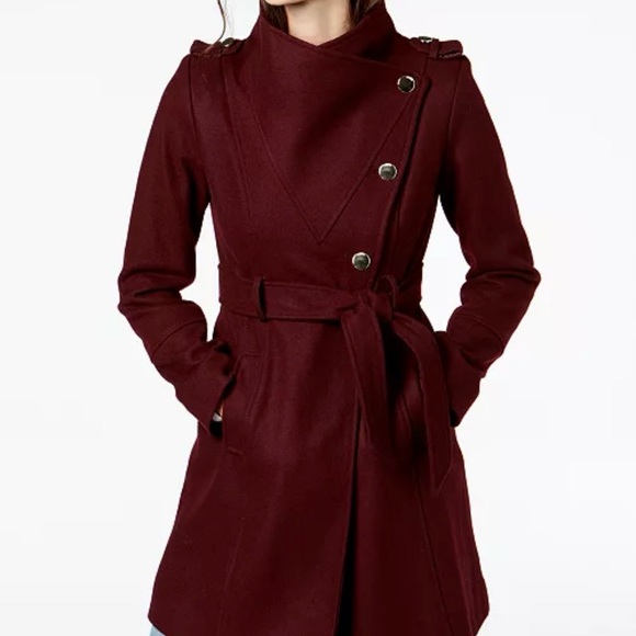 GUESS Wool Blend Wrap Coat Burgundy Wine Asymmetrical Button Belted – M - Picture 1 of 9